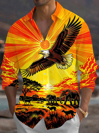 Adaychic Men's Vintage Style Bald Eagle Print Long Sleeve Shirt with Chest Pocket