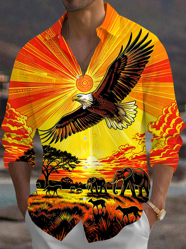 Adaychic Men's Vintage Style Bald Eagle Print Long Sleeve Shirt with Chest Pocket