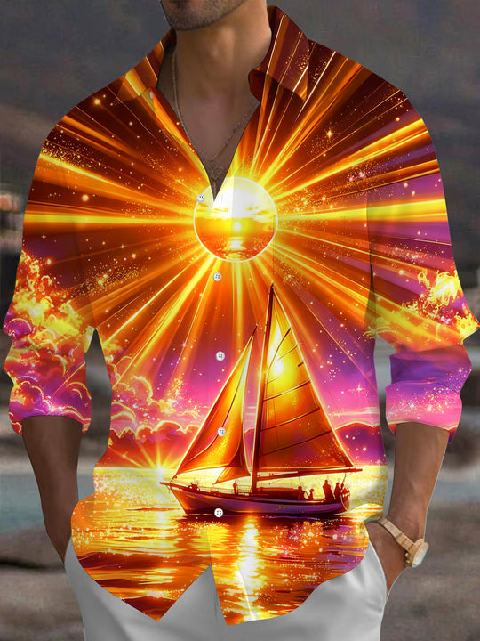 Adaychic Men's Printed Sailboat Sunset Print Long Sleeve Shirt with Chest Pocket