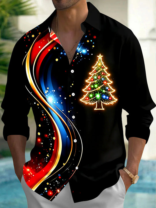 Adaychic Men's Graphic Christmas Tree Print Long Sleeve Shirt with Chest Pocket
