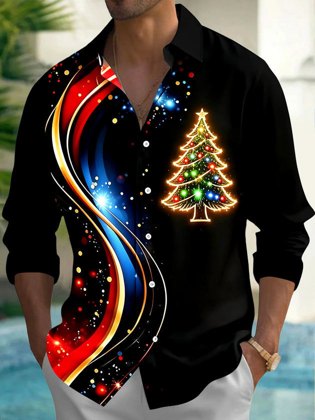Adaychic Men's Graphic Christmas Tree Print Long Sleeve Shirt with Chest Pocket