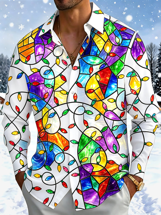 Adaychic Men's Printed Christmas Lights Print Long Sleeve Shirt with Chest Pocket