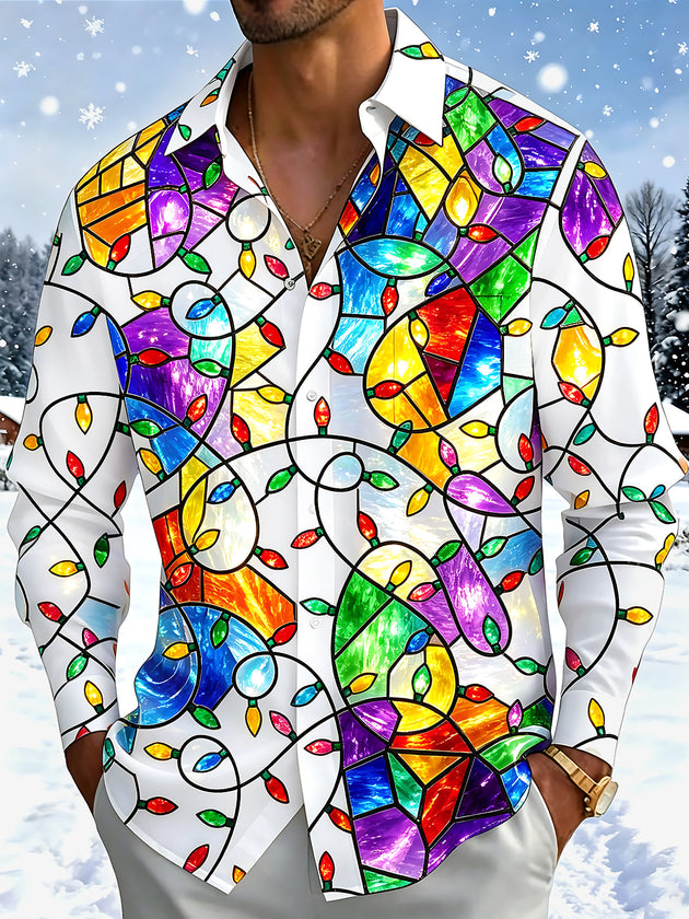 Adaychic Men's Printed Christmas Lights Print Long Sleeve Shirt with Chest Pocket