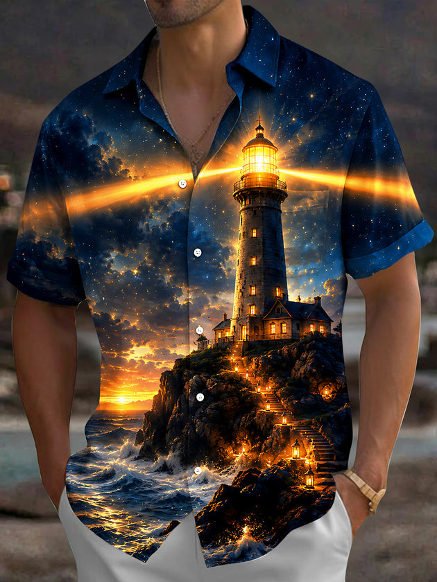 Adaychic Men's Hawaiian Lighthouse Night Scene Print Short Sleeve Shirt with Chest Pocket