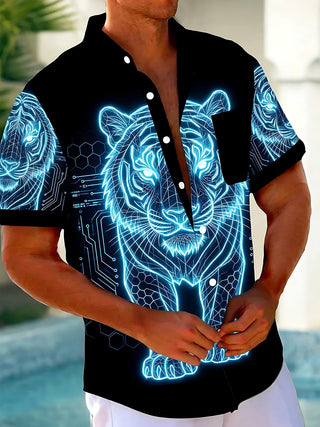 Adaychic Men's Graphic Neon Tiger Print Short Sleeve Shirt with Chest Pocket