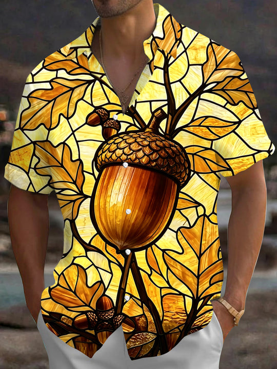Adaychic Men's Hawaiian Stained Glass Acorn Print Short Sleeve Shirt with Chest Pocket