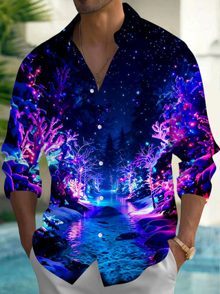 Adaychic Men's Printed Neon Winter Forest Print Long Sleeve Shirt with Chest Pocket