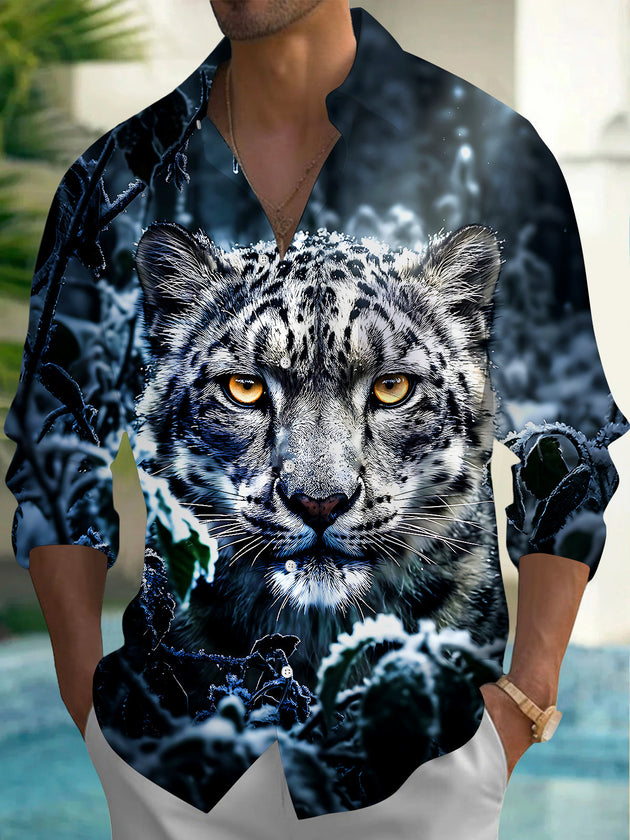 Adaychic Men's Printed Snow Leopard Face Print Long Sleeve Shirt with Chest Pocket