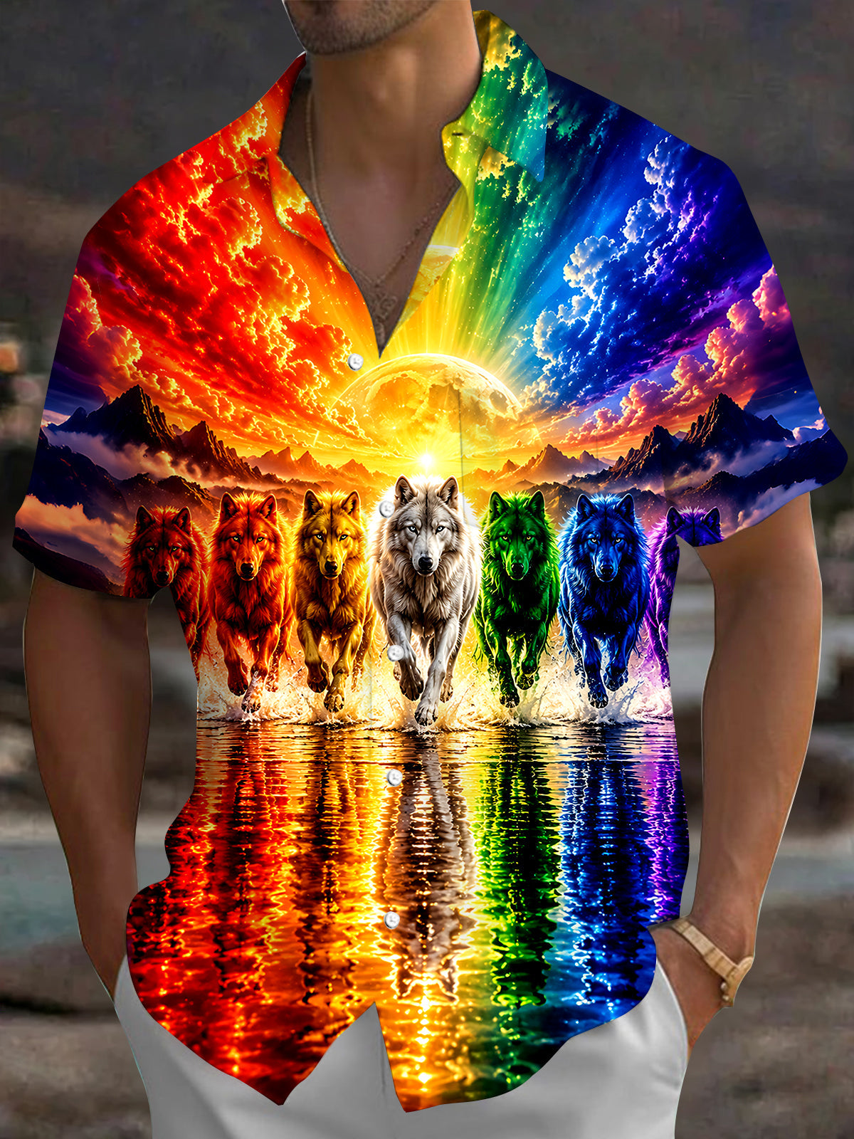 Adaychic Men's Hawaiian Rainbow Wolves Print Short Sleeve Shirt with Chest Pocket