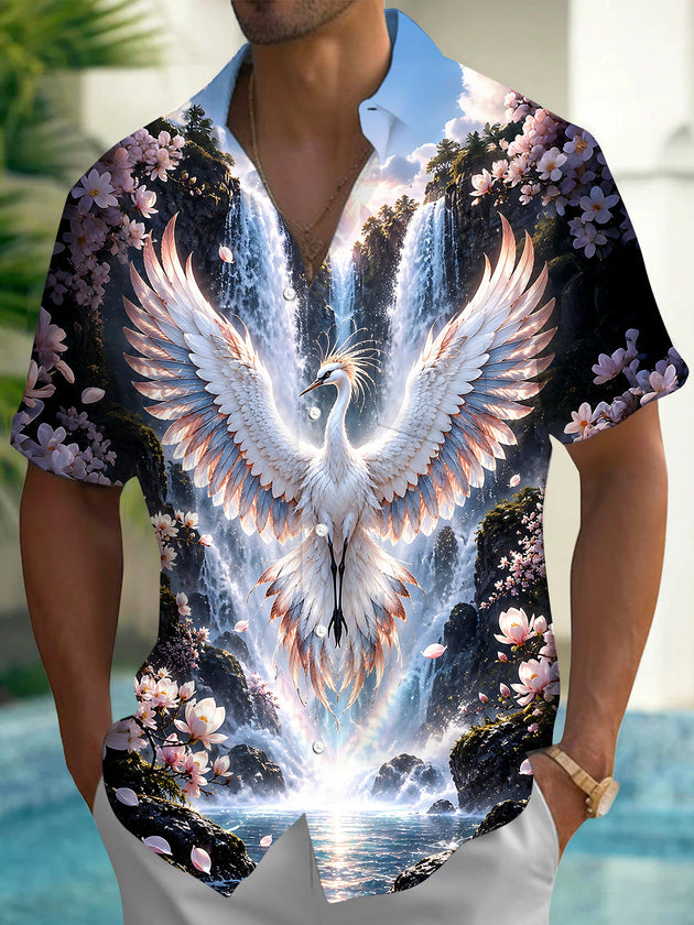 Adaychic Men's Hawaiian White Crane Print Short Sleeve Shirt with Chest Pocket