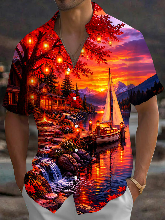 Adaychic Men's Hawaiian Sunset Lake Landscape Print Short Sleeve Shirt with Chest Pocket