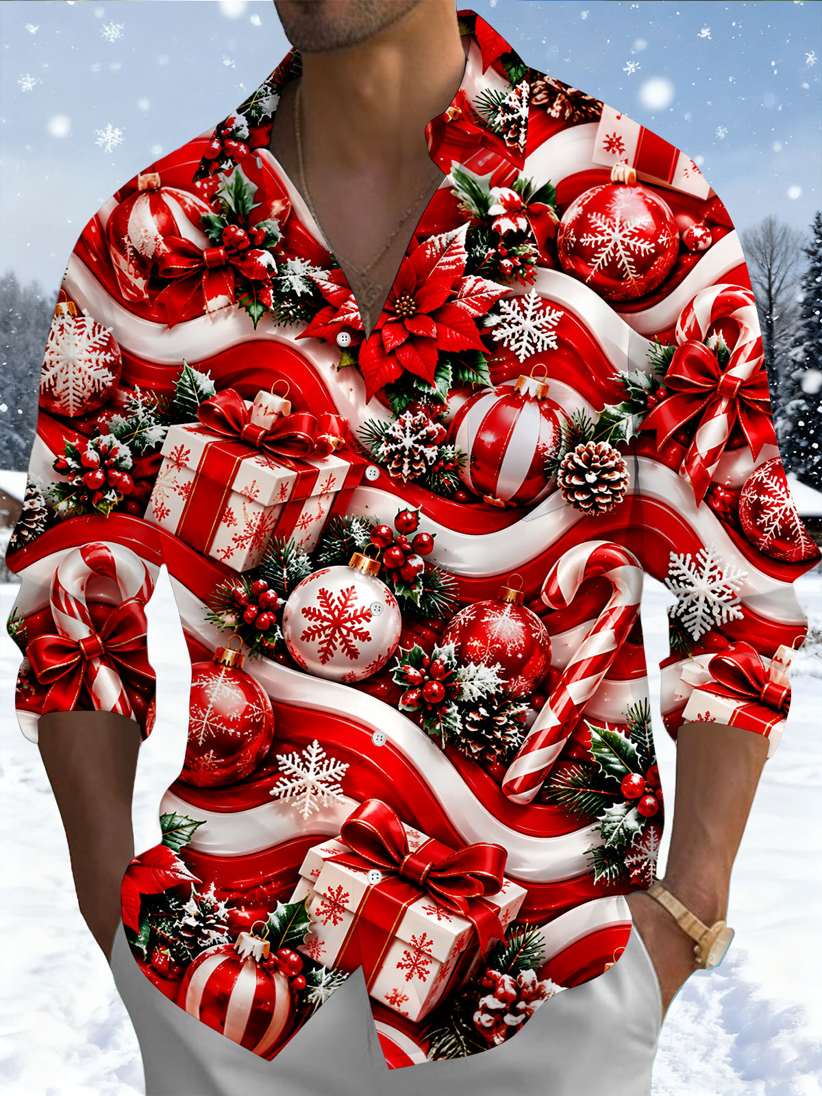 Adaychic Men's Printed Christmas Ornaments Print Long Sleeve Shirt with Chest Pocket