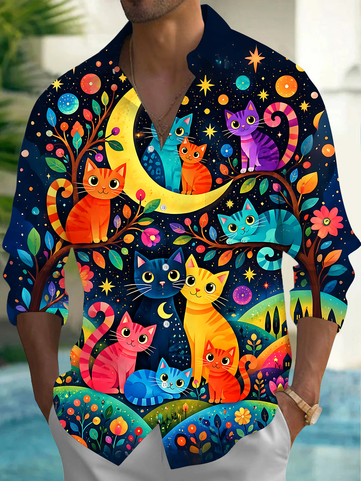 Adaychic Men's Hawaiian Colorful Cats Print Night Sky Print Long Sleeve Shirt with Chest Pocket