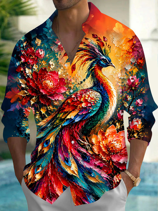 Adaychic Men's Hawaiian Peacock Bird Print Floral Pattern Long Sleeve Shirt with Chest Pocket