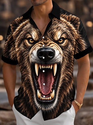 Adaychic Men's Graphic Roaring Bear Face Print Short Sleeve Shirt with Chest Pocket
