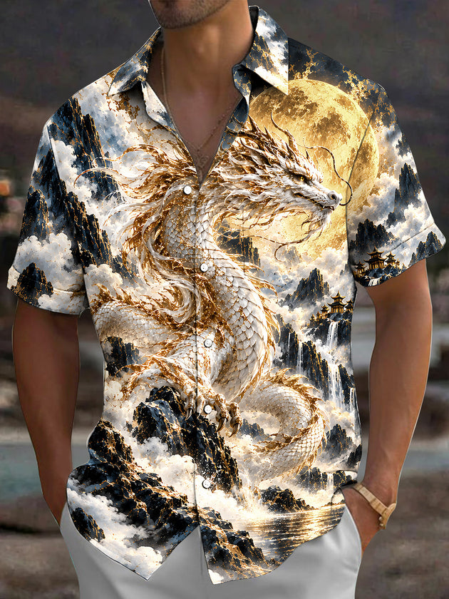 Adaychic Men's Hawaiian Chinese Dragon Print Short Sleeve Shirt with Chest Pocket