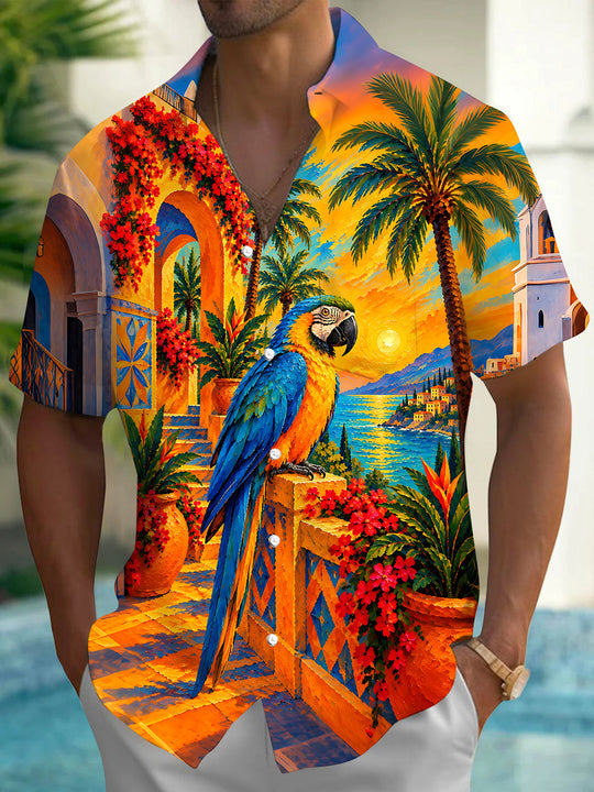 Adaychic Men's Hawaiian Parrot Print Palm Tree Print Short Sleeve Shirt with Chest Pocket