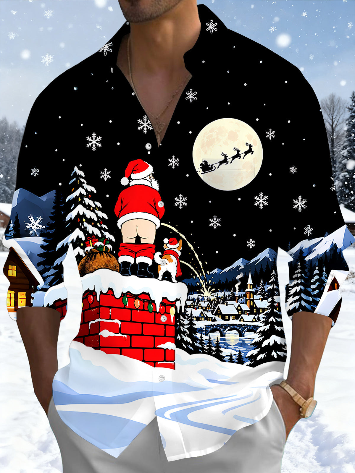 Adaychic Men's Graphic Christmas Snowy Village Night Scene Print Long Sleeve Shirt with Chest Pocket