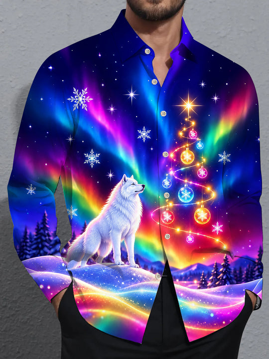 Adaychic Men's Graphic Aurora Borealis Print Long Sleeve Shirt with Chest Pocket
