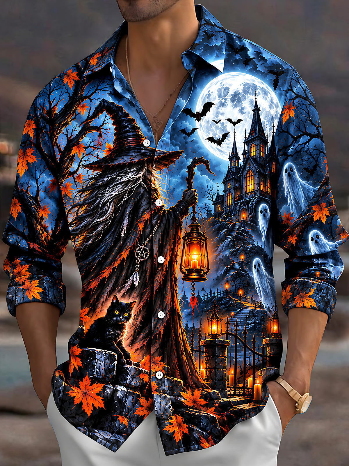 Adaychic Men's Graphic Halloween Witch Print Long Sleeve Shirt with Chest Pocket