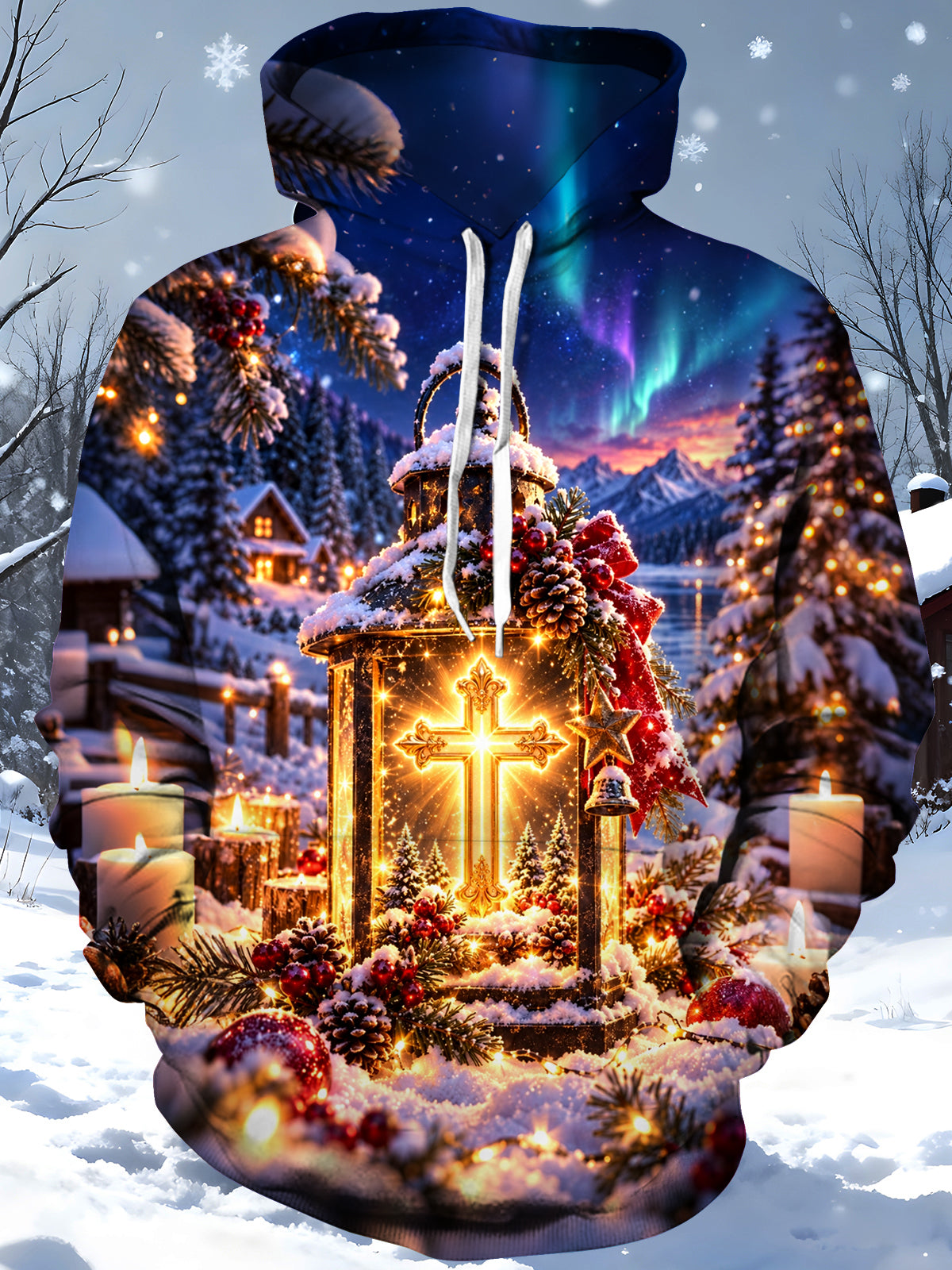 Adaychic Men's Printed Christmas Lantern Print Long Sleeve Hoodie