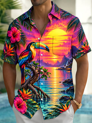 Adaychic Men's Hawaiian Toucan Sunset Landscape Print Short Sleeve Shirt with Chest Pocket