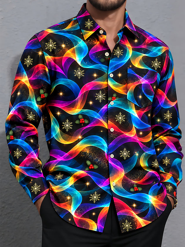Adaychic Men's Printed Colorful Wavy Lines Print Long Sleeve Shirt with Chest Pocket