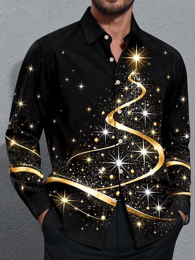 Adaychic Men's Printed Abstract Gold Ribbon Print Long Sleeve Shirt with Chest Pocket