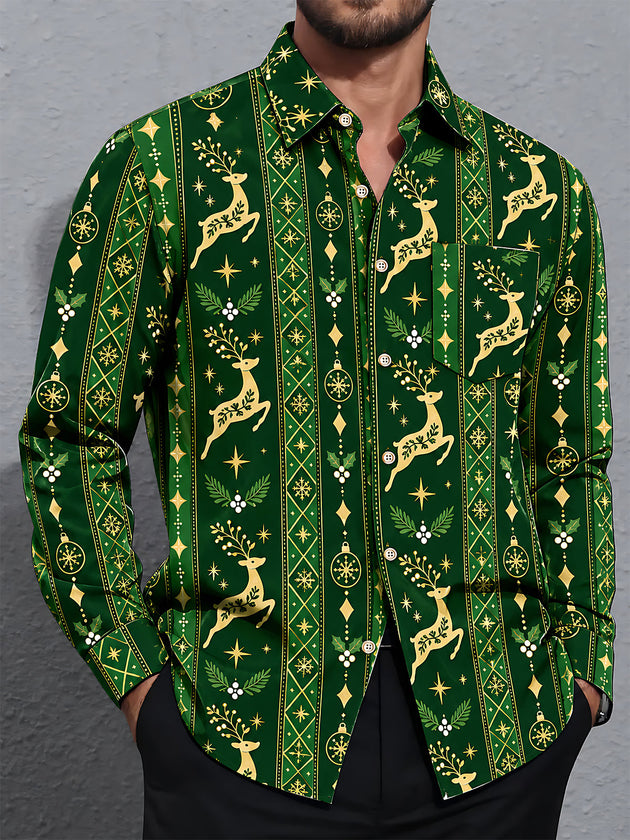Adaychic Men's Printed Christmas Elk Print Long Sleeve Shirt with Chest Pocket