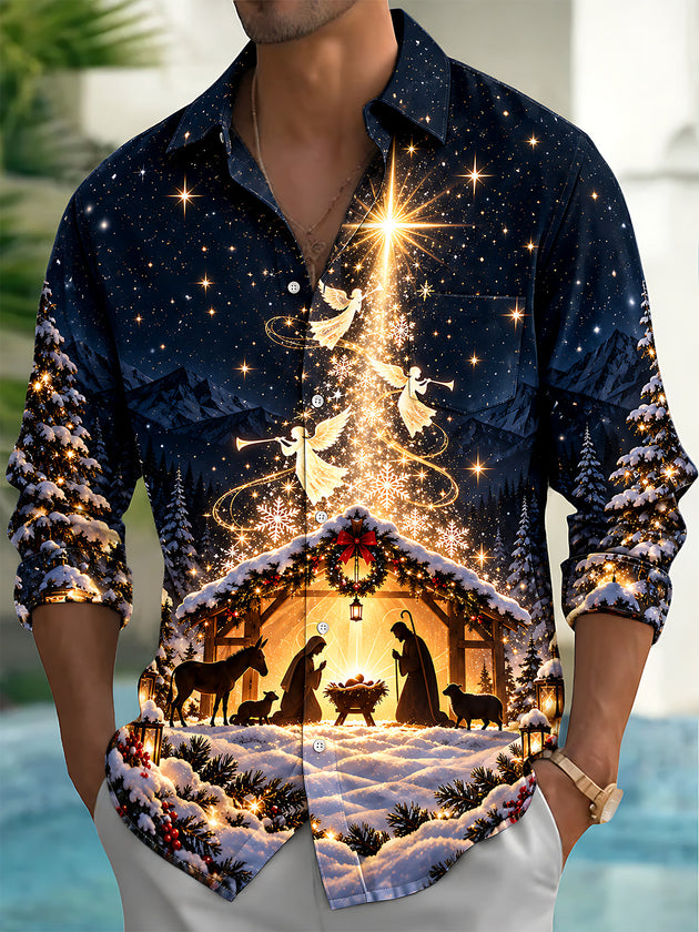 Adaychic Men's Printed Nativity Scene Print Long Sleeve Shirt with Chest Pocket