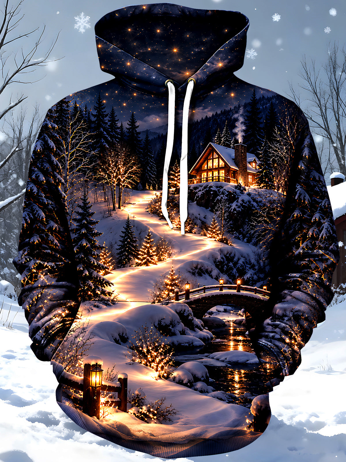 Adaychic Men's Graphic Winter Night Landscape Print Long Sleeve Hoodie