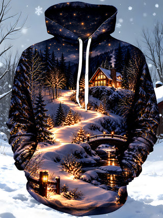 Adaychic Men's Graphic Winter Night Landscape Print Long Sleeve Hoodie