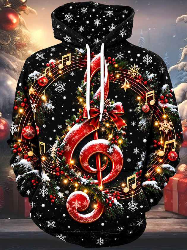 Adaychic Men's Graphic Christmas Musical Note Print Long Sleeve Hoodie with Chest Pocket