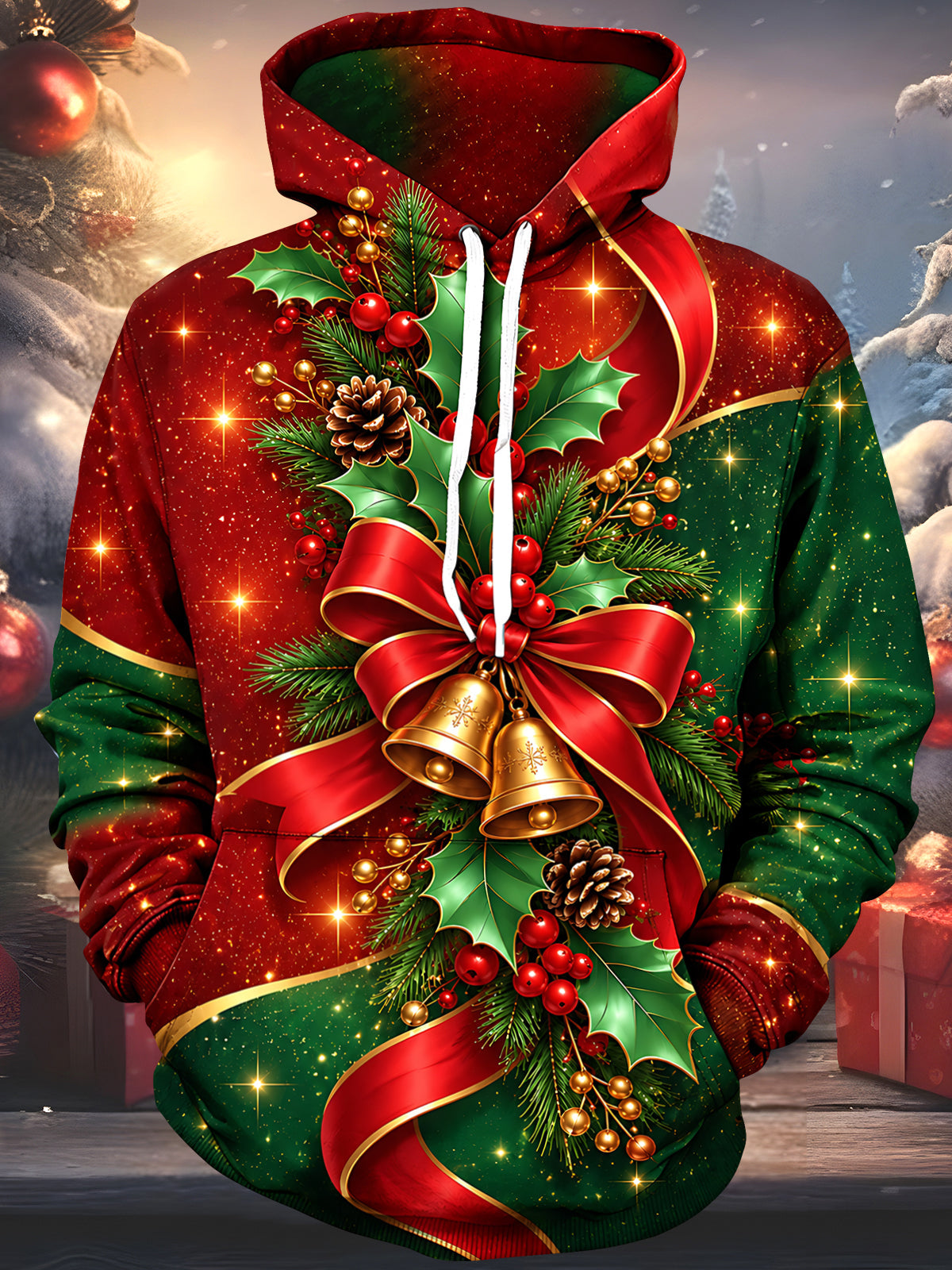 Adaychic Men's Printed Christmas Bells Print Long Sleeve Hoodie
