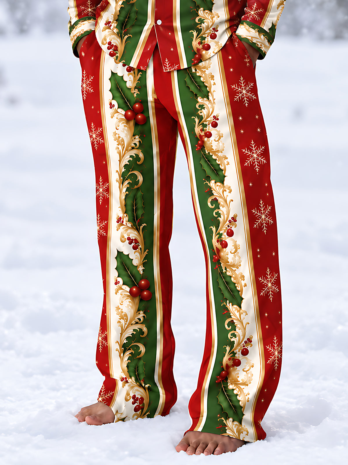 Adaychic Men's Printed Christmas Snowflake Print Holly Berries Print Pants