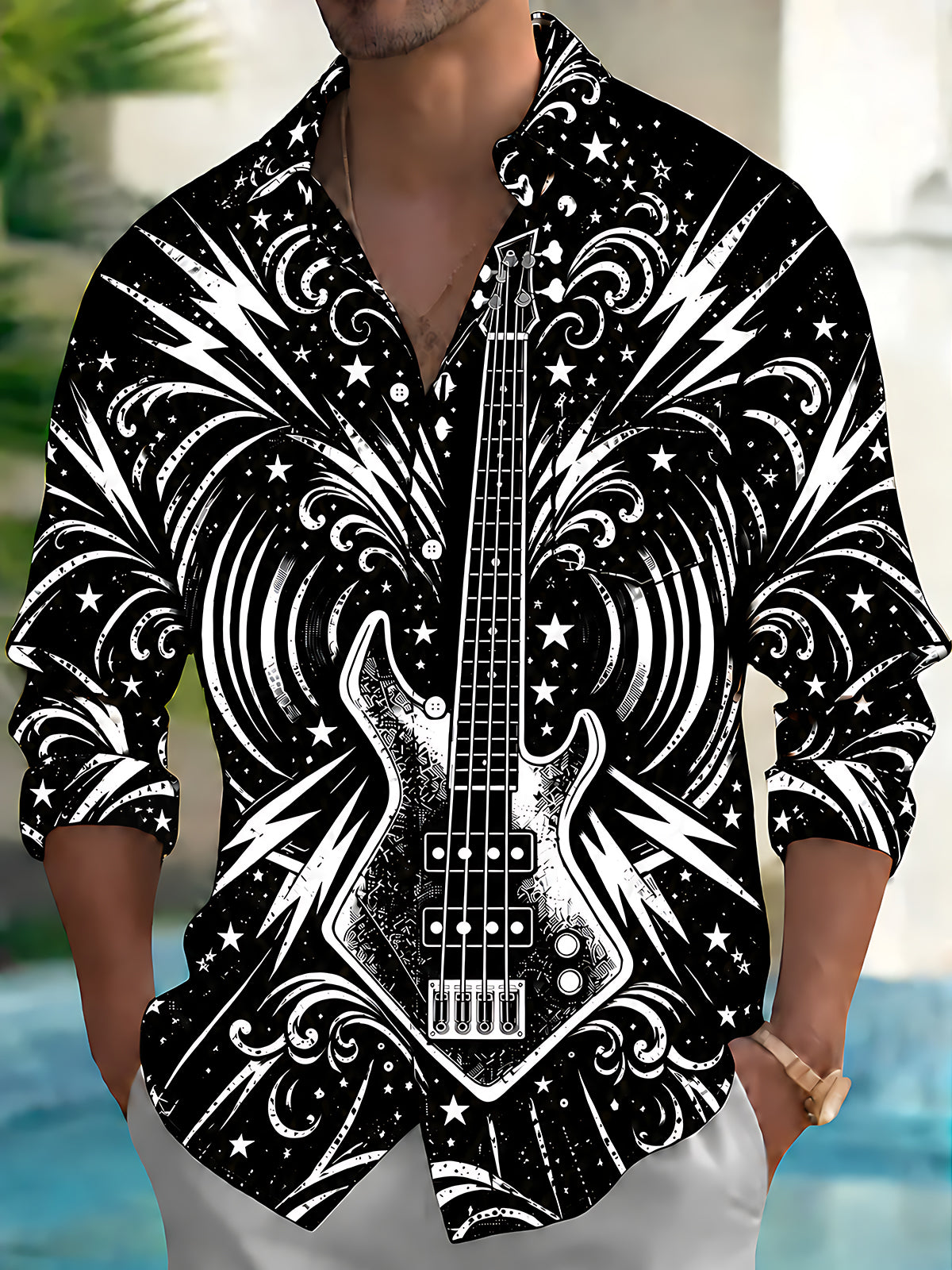 Adaychic Men's Bass Guitar With Stars And Lightning Print Long Sleeve Shirt with Chest Pocket