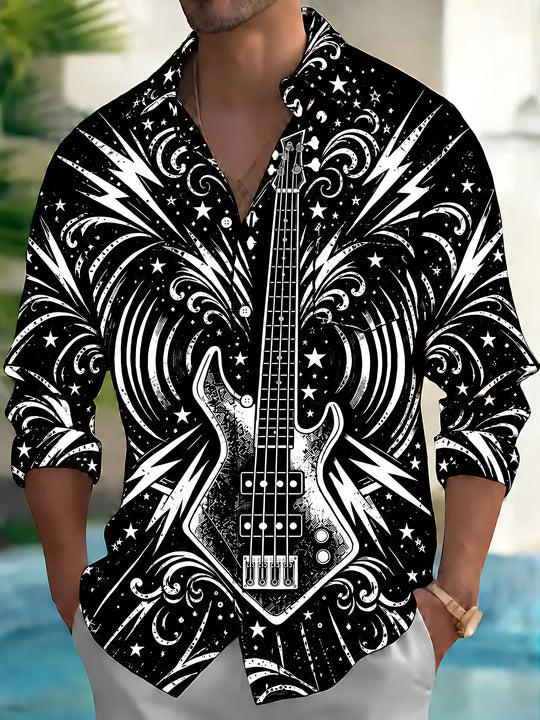 Adaychic Men's Bass Guitar With Stars And Lightning Print Long Sleeve Shirt with Chest Pocket