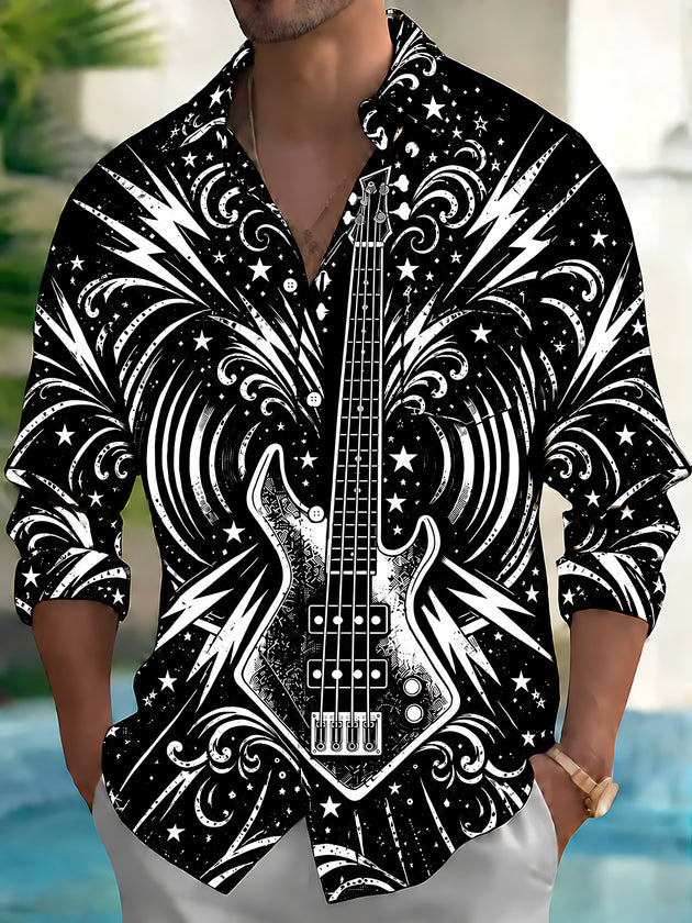Adaychic Men's Bass Guitar With Stars And Lightning Print Long Sleeve Shirt with Chest Pocket
