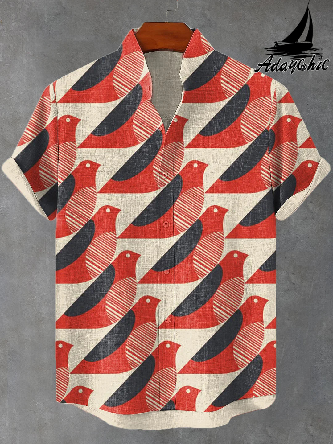 Men's Bird Geometric Art Print Pocket Stand Collar Short Sleeve Shirt