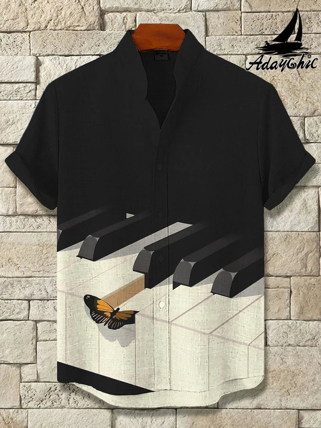 Men's Butterfly and Piano Key Print Pocket Stand Collar Short Sleeve Shirt