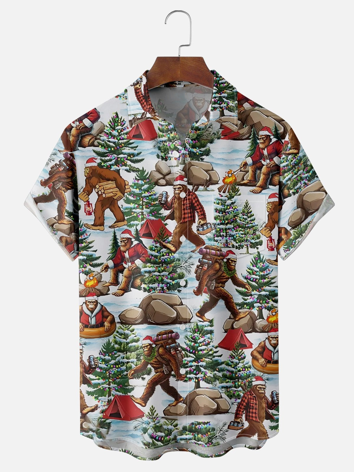 Merry Christmas Bigfoot Camping Men's Pocket Short Sleeve Shirts