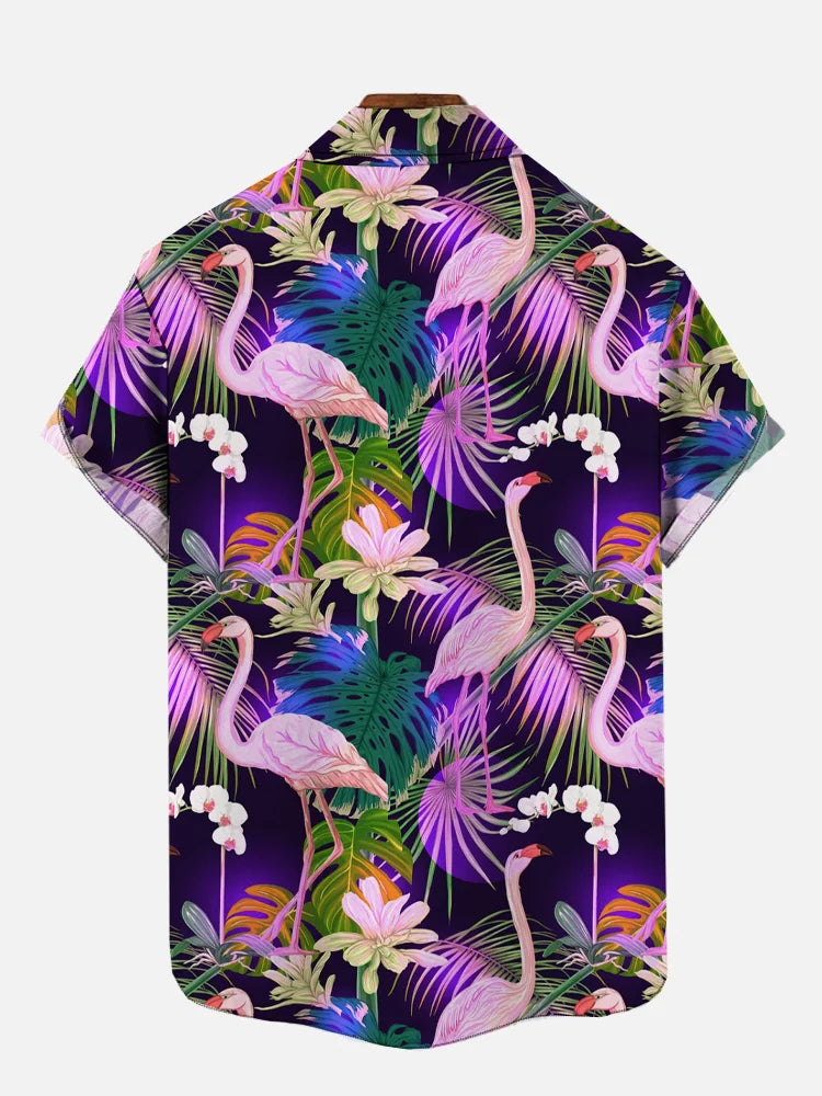 Tropical Flamingos Printing Pocket Short Sleeve Shirts