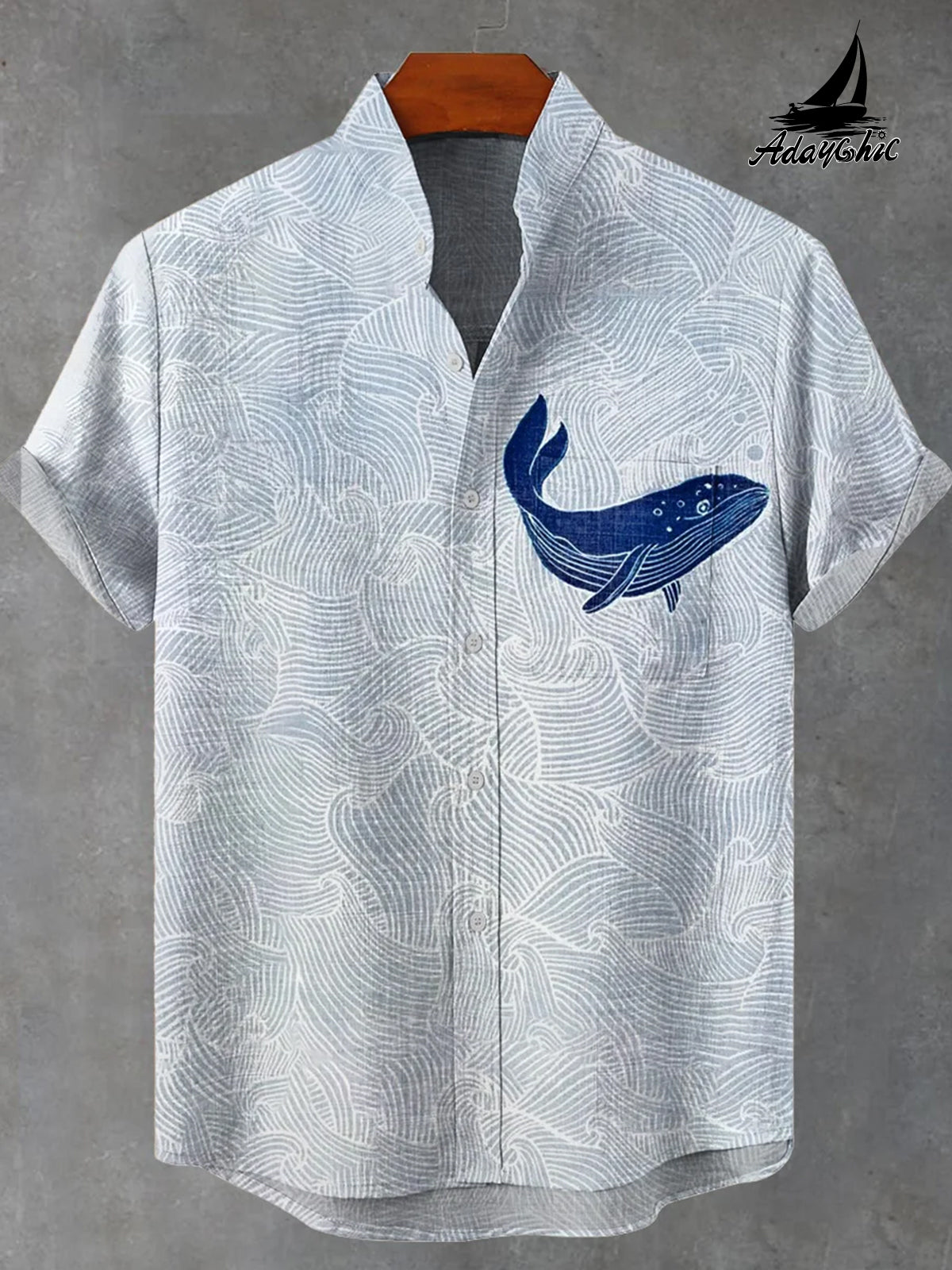 Ocean Whale Printing Pocket Stand Collar Short Sleeve Shirt