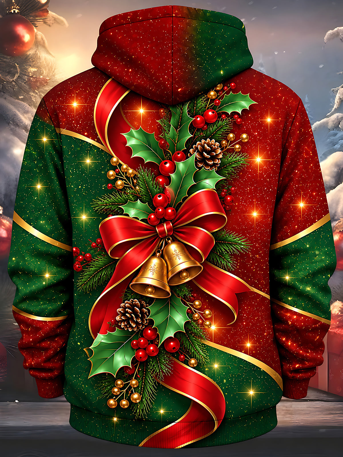 Adaychic Men's Printed Christmas Bells Print Long Sleeve Hoodie