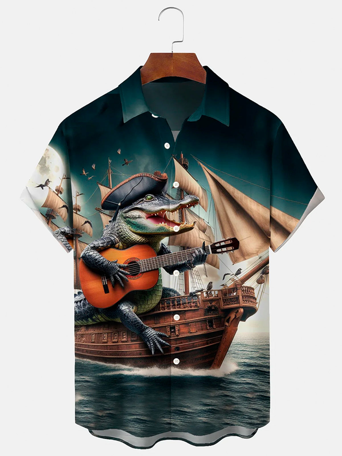 Music Pirate Ship Print Men's Pocket Short Sleeve Shirts