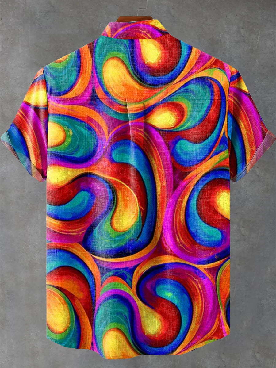 Retro Abstract Pocket Stand Collar Short Sleeve Shirt