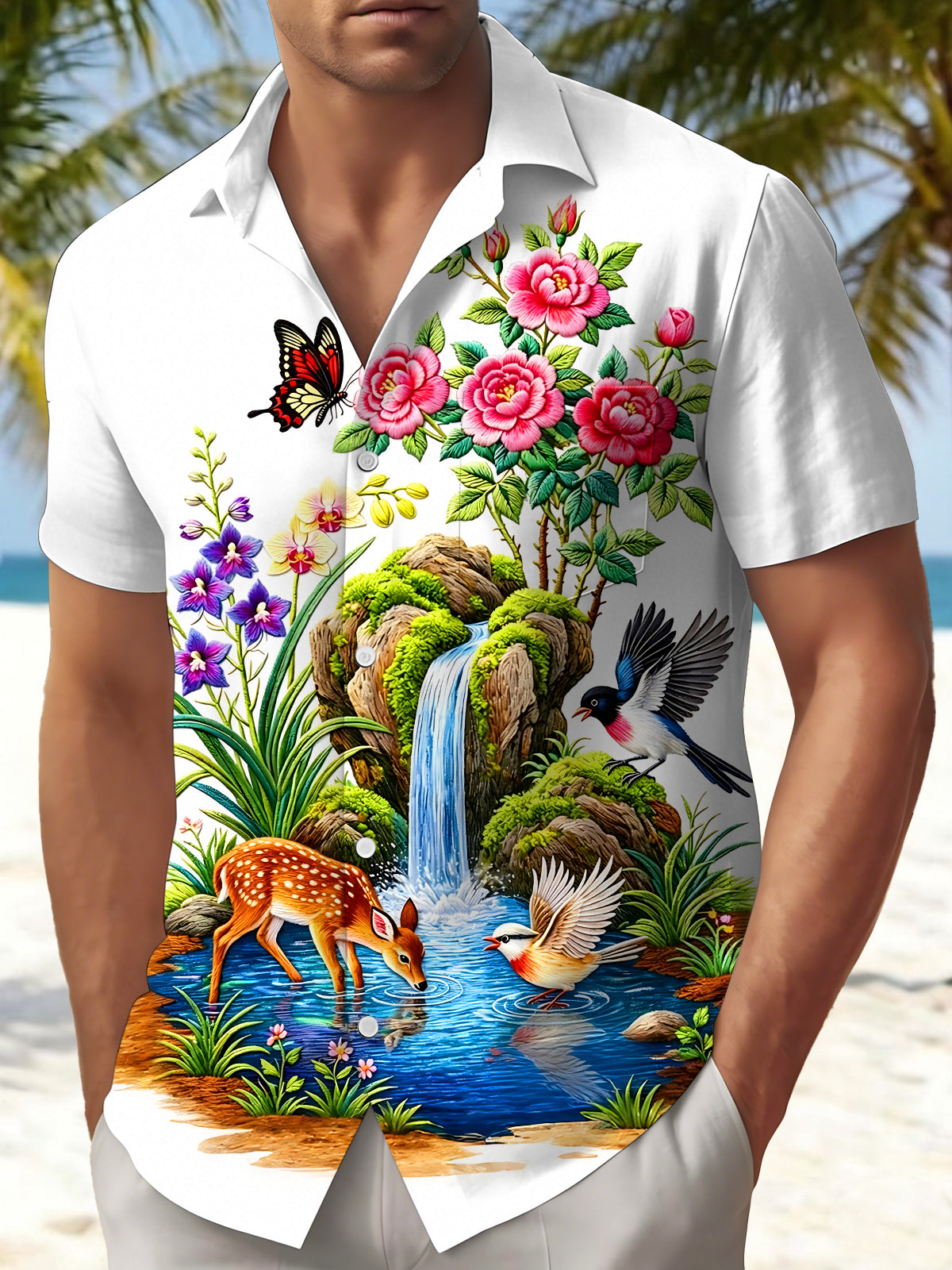 Art Landscape Scenery Waterfall Plum Blossom Sika Deer Magpie Butterfly Men's Pocket Short Sleeve Shirts