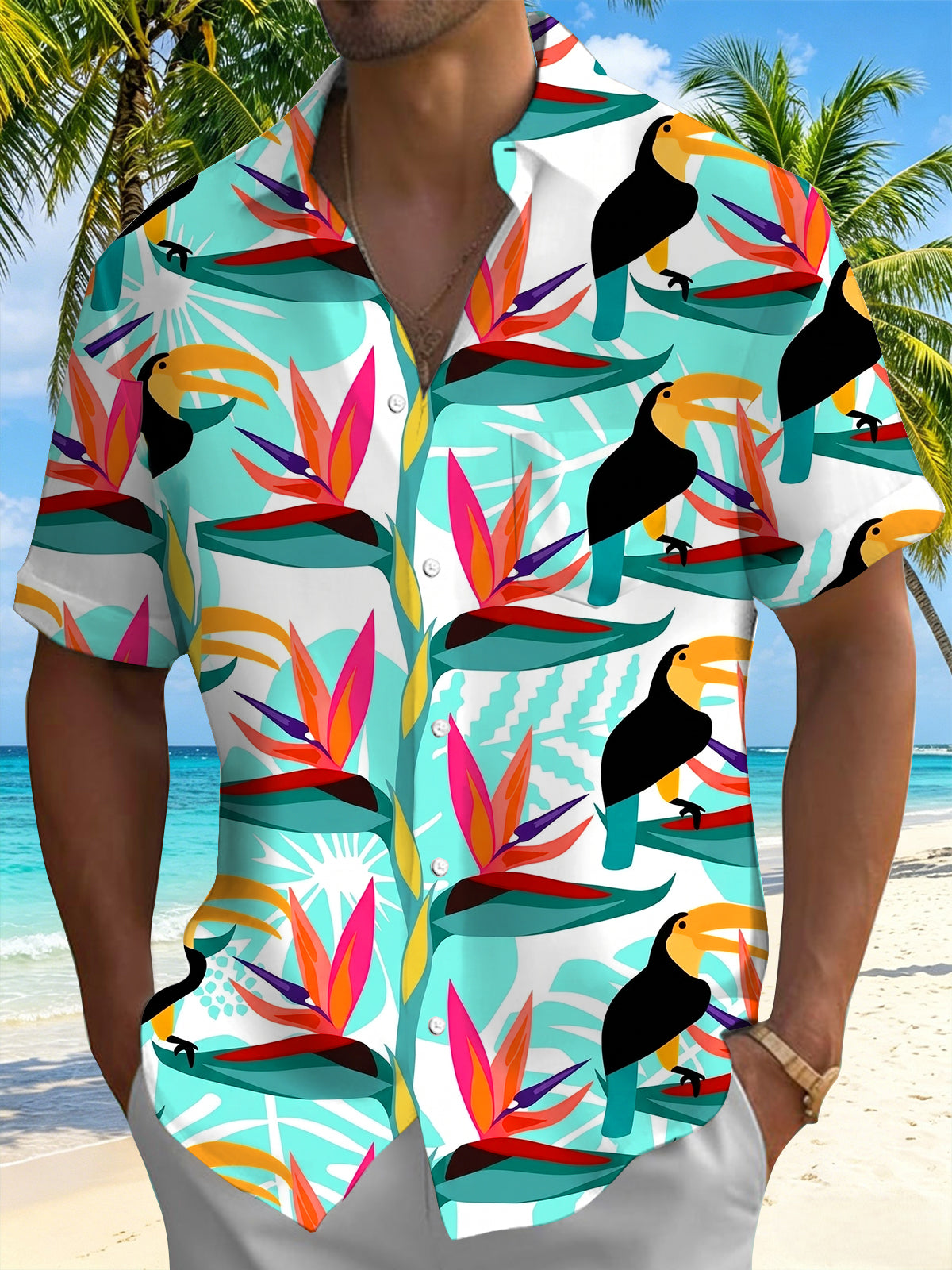 Hawaiian Tropical Toucan Bird Of Paradise Leaves And Flowers Men's Pocket Short Sleeve Shirts