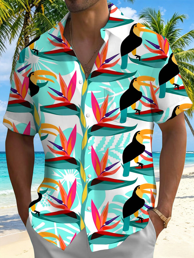 Hawaiian Tropical Toucan Bird Of Paradise Leaves And Flowers Men's Pocket Short Sleeve Shirts