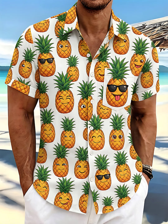 Fun Hawaiian Cartoon Funny Expression Pineapple Men's Pocket Short Sleeve Shirts